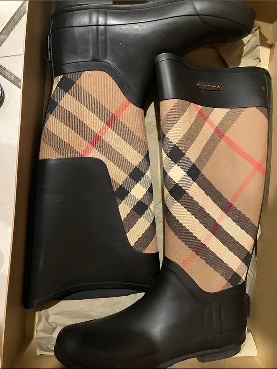 Burberry Shoes - Burberry Black & Beige Classic Check Tall Rain Boots